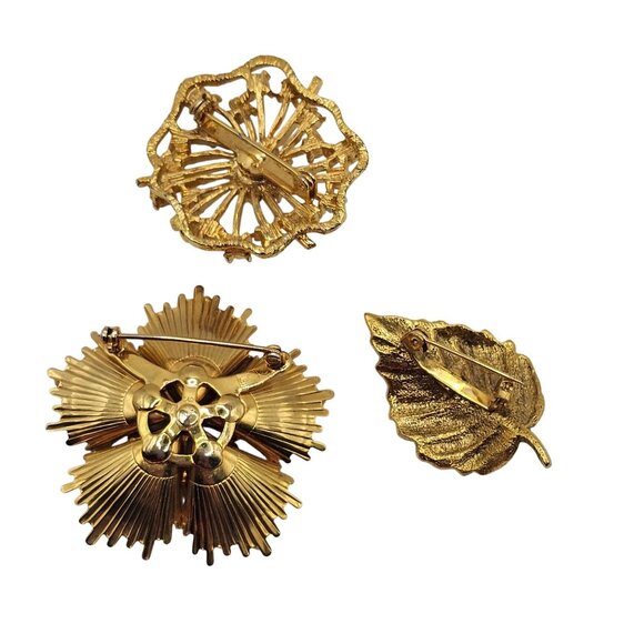 VTG Emmons Brooches Gold Tone Botanical Floral Leaves Elegant Classy 3PC Jewelry - Picture 8 of 16